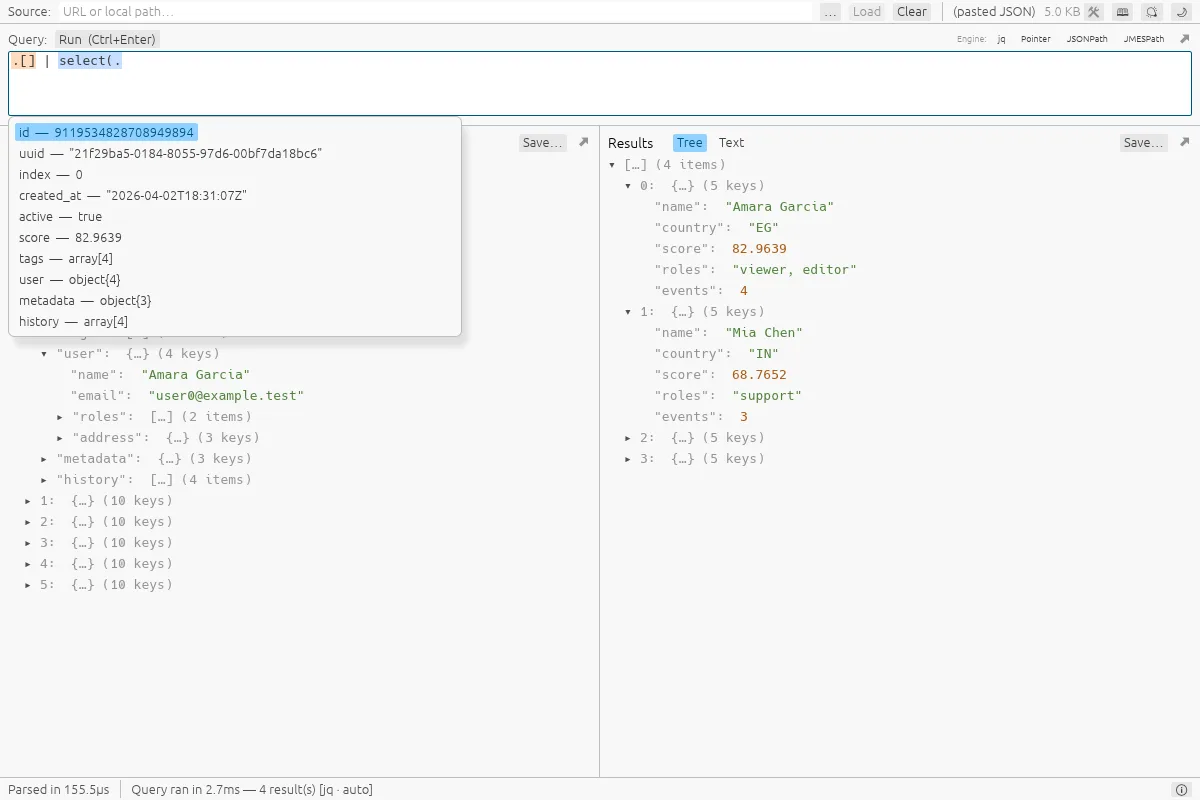 Autocomplete inside select( offering the fields of each record, with a sample value beside each.
