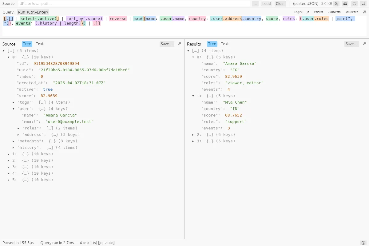 The jsonquery desktop app: a jq query over a list of users with each step of the query tinted in its own colour, the source document and the results side by side as trees.