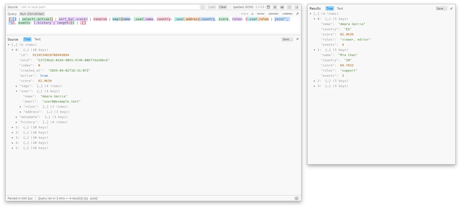 The Results pane popped out into a window of its own, beside the main window, which gives the Source pane the full width.
