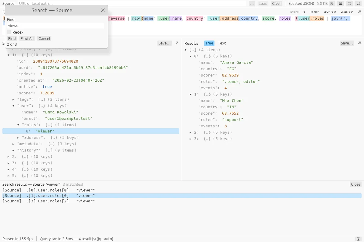 The Find dialog and its Find All list, with the selected match revealed in the source tree.