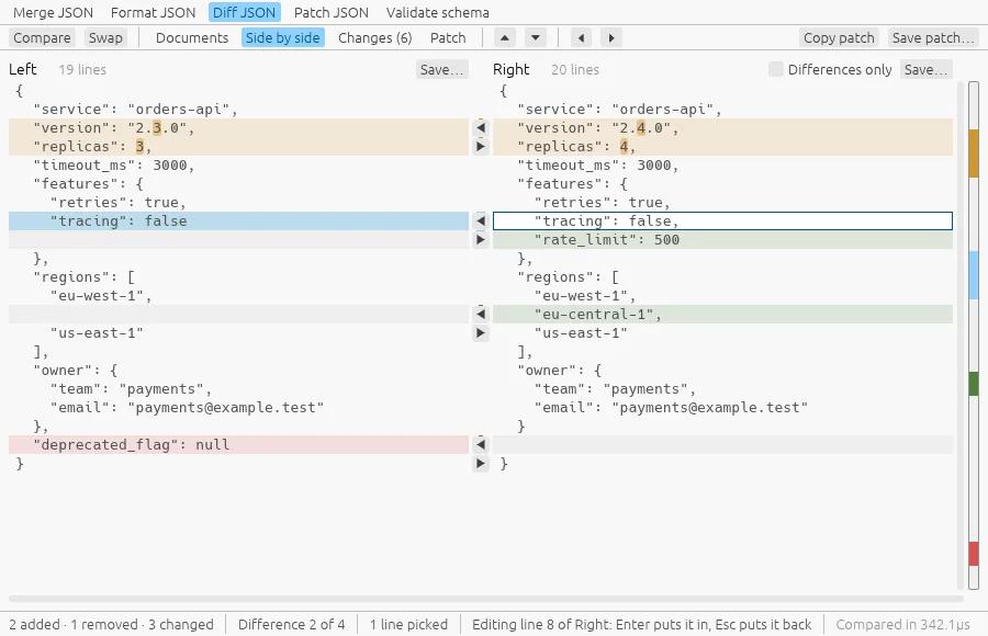 Diff JSON: two versions of a configuration side by side, with the added, removed and changed lines marked, two arrows one over the other between the sides at every difference, a line picked in the left document and, in the right one, the same line with a caret in it and a new value being typed over it.