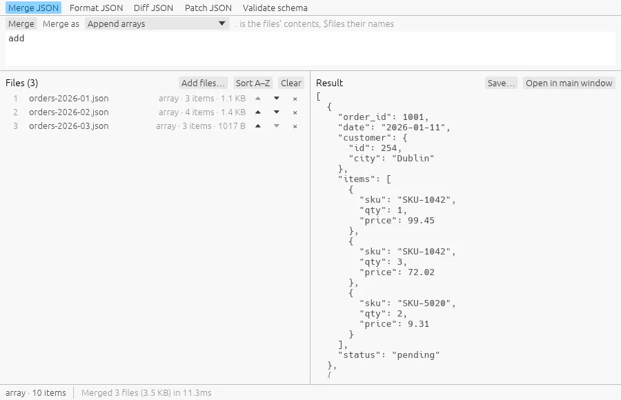 Merge JSON: three monthly order files appended into one array of ten orders.