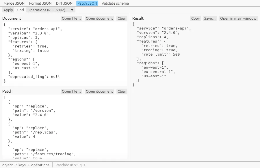 Patch JSON: six operations applied to a document, the result on the right.