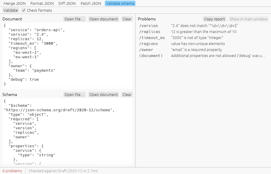 Validate schema: a document checked against a schema, six problems listed with their pointers.