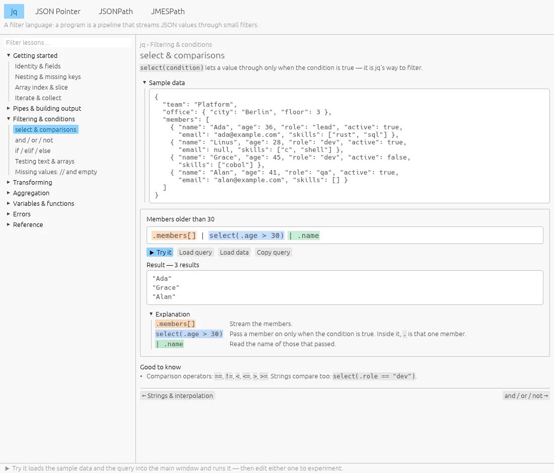 The tutorial window on the jq lesson about select: sample data, an example query with its result, and an explanation of each part.